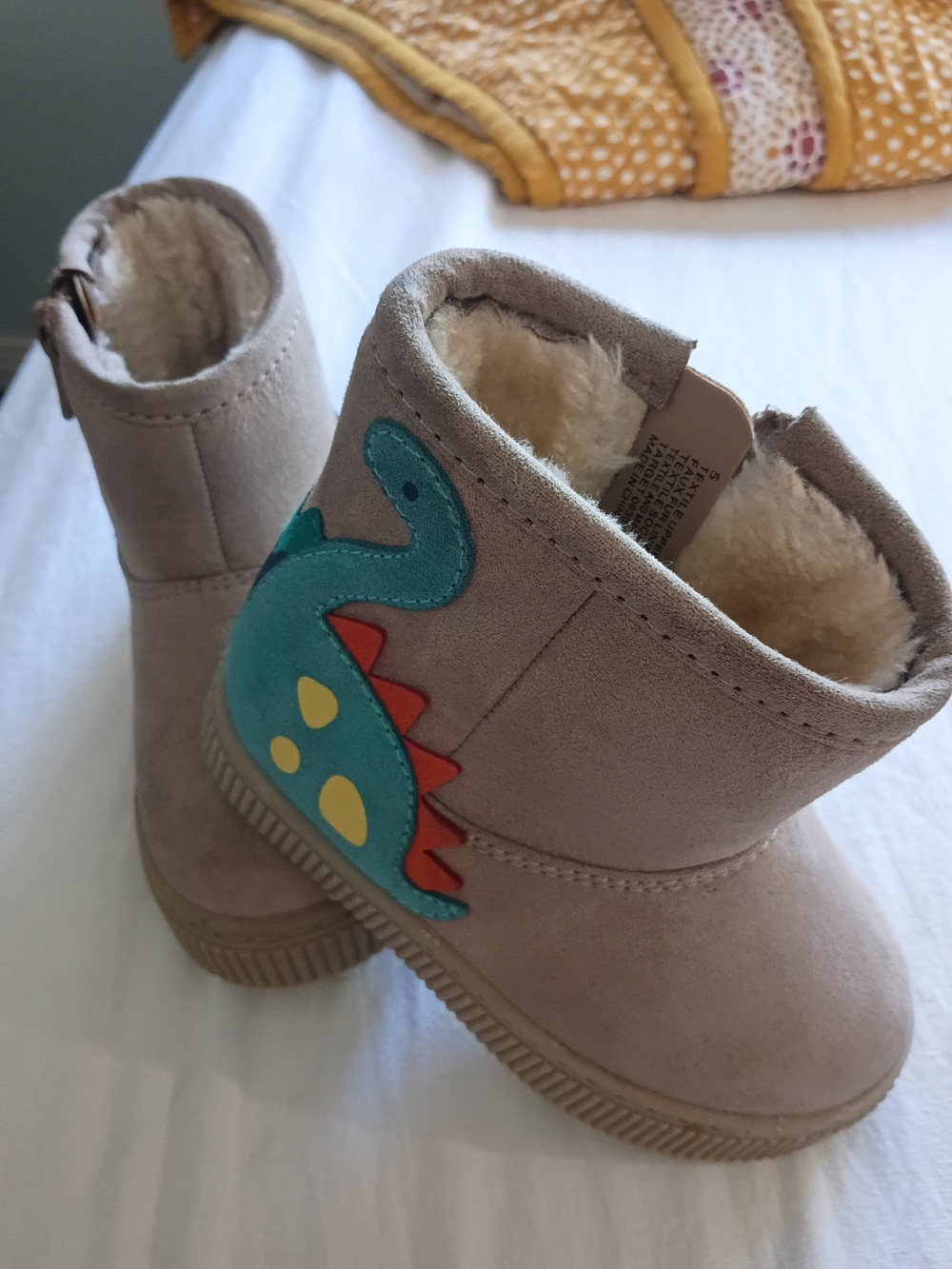 Cat & Jack Beige Suede-Look Kids Boots with Teal Dinosaur